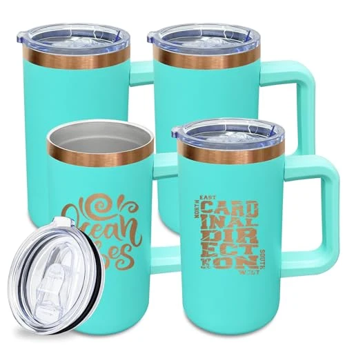 Expertly Made 22oz Insulated Coffee Mug Bulk with Handle and Lid Mint Green 4 Count Minimalist