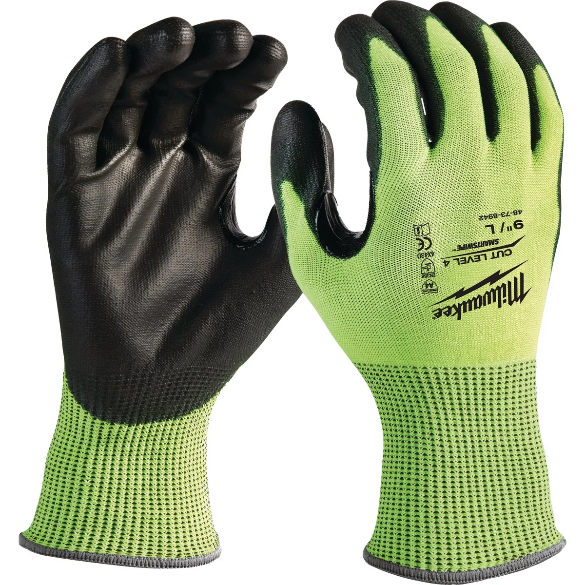 High-End Milwaukee Unisex Large Cut Level 4 High Vis Polyurethane Dipped Glove Fine