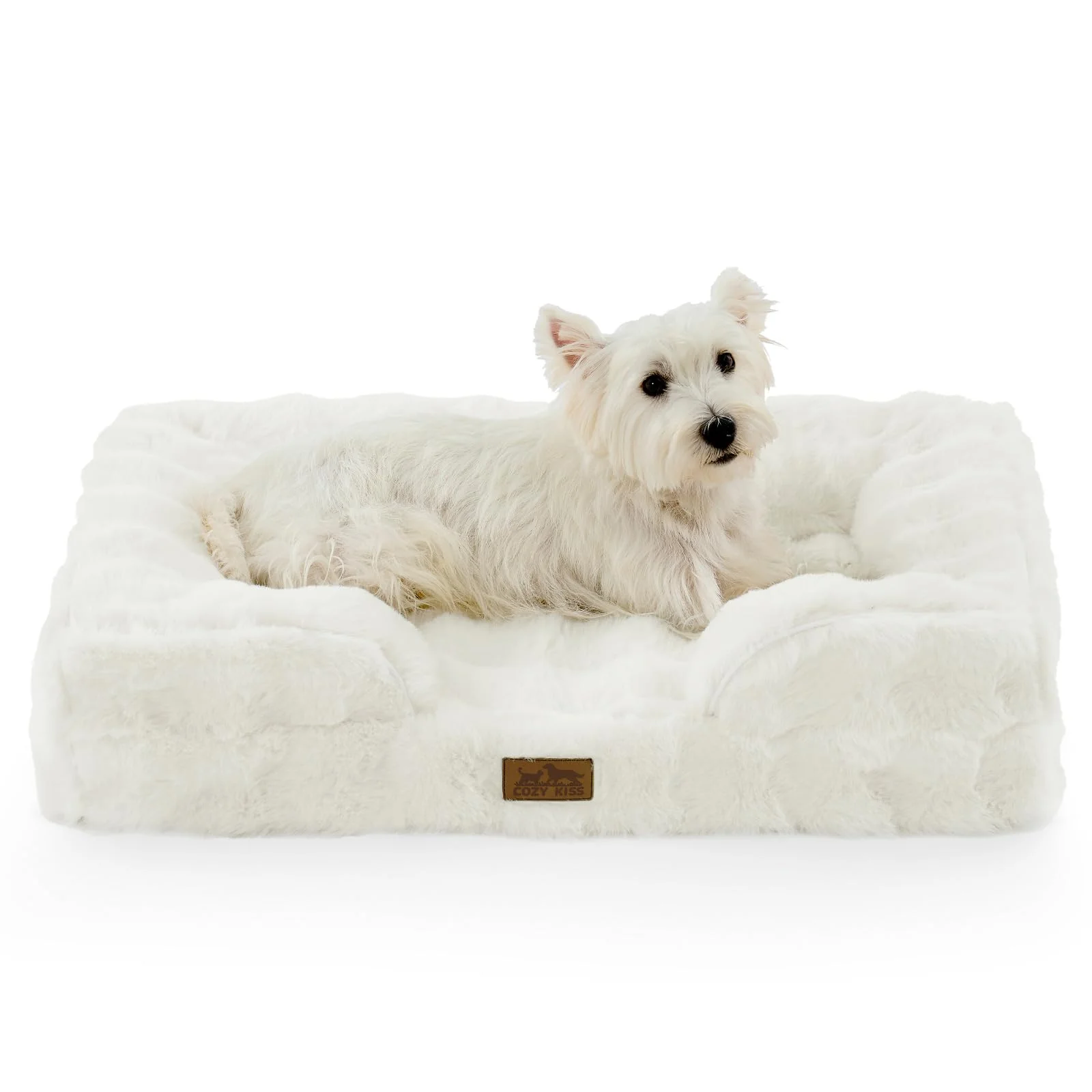 Innovative COZY KISS Orthopedic Dog Bed for Small Medium Dogs Up to 40 lbs — Warm Faux Fur Removable Washable Cover 30x20x6.5 in Beige Fine Crafted