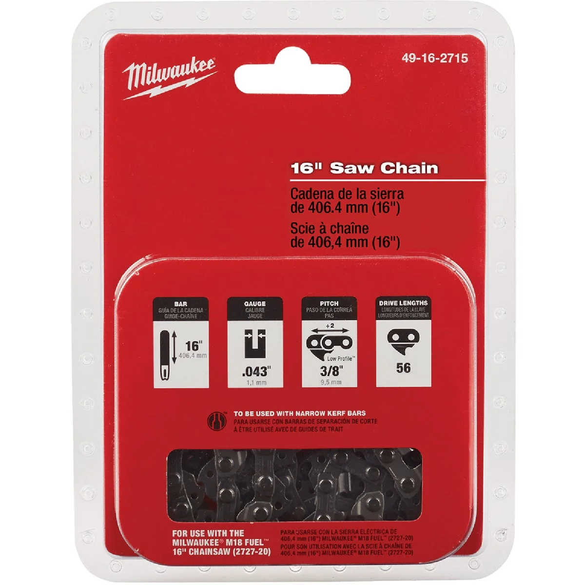 Environmentally Friendly Milwaukee 16 In. Saw Chain for 2727-20 Chainsaw Flexible