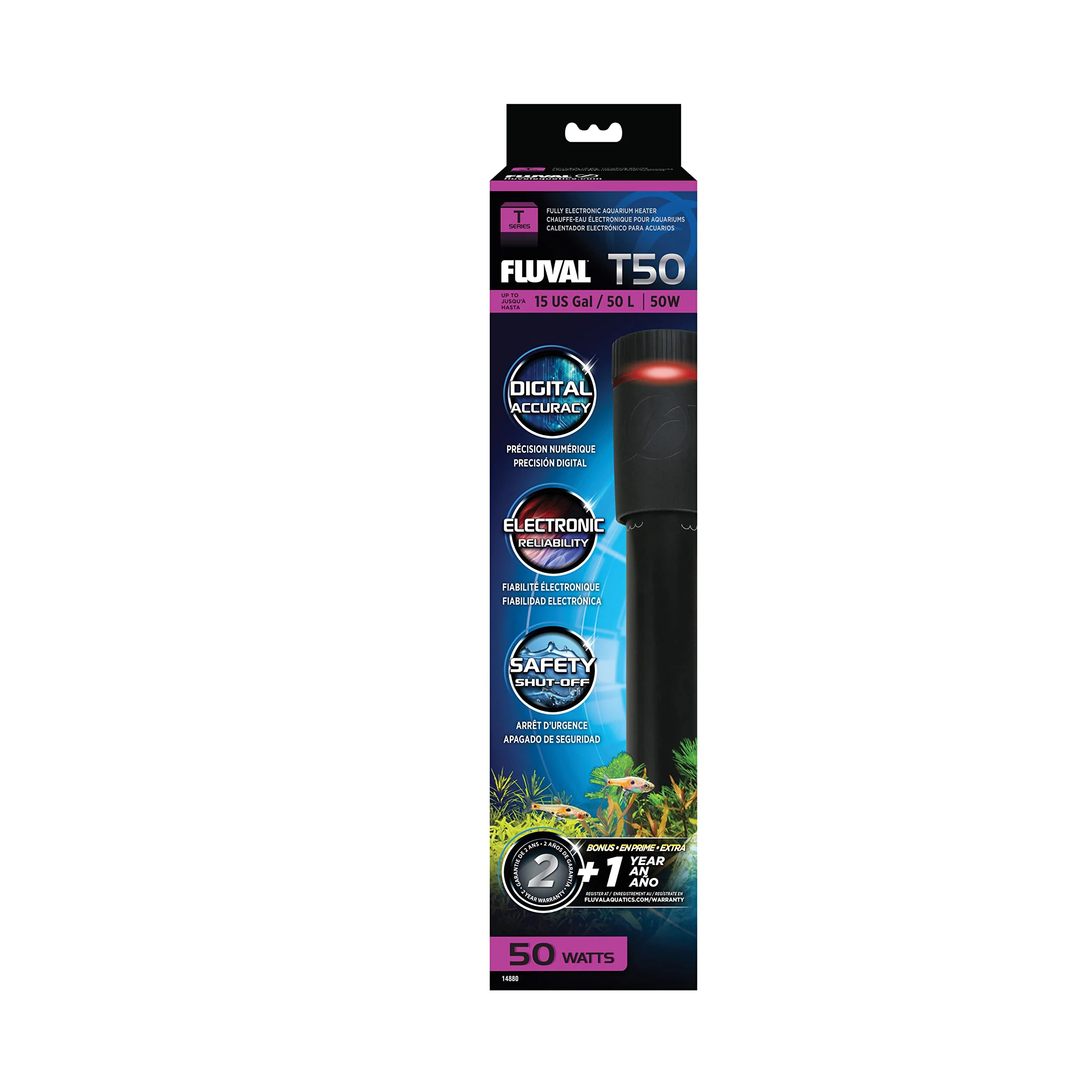 Minimalist Fluval T50 Fully Electronic Heater for Freshwater Aquariums up to 15 Gal. Reliable