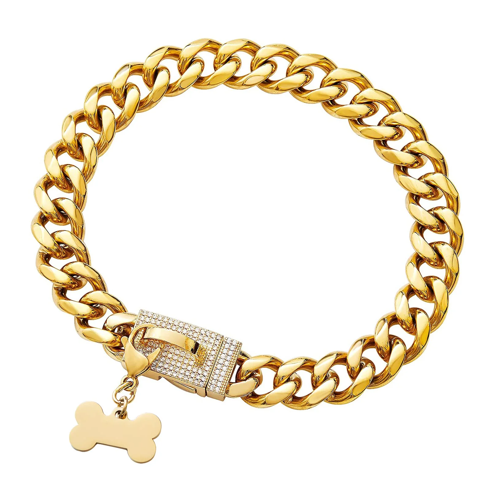 Prestigious Yowity New Gold Dog Chain Collar with Bling Zircon Buckle – 19mm Stainless Steel Cuban Link Minimalist