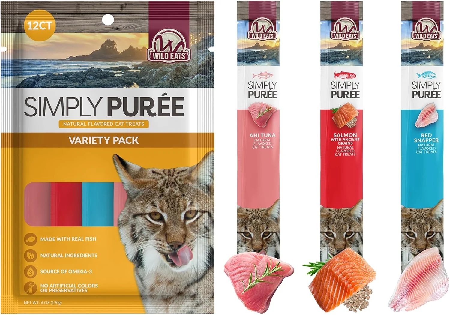 Eco-Friendly Lickable Cat Treats Exotic Fish Variety Pack 12ct - Ahi Tuna Wild Pink Salmon Red Snapper - Puree Bisque Environmentally Friendly