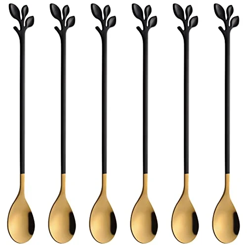 Casual 6 Piece Elegant Black Gold Leaf Long Handle Teaspoons 6 Count Breathable