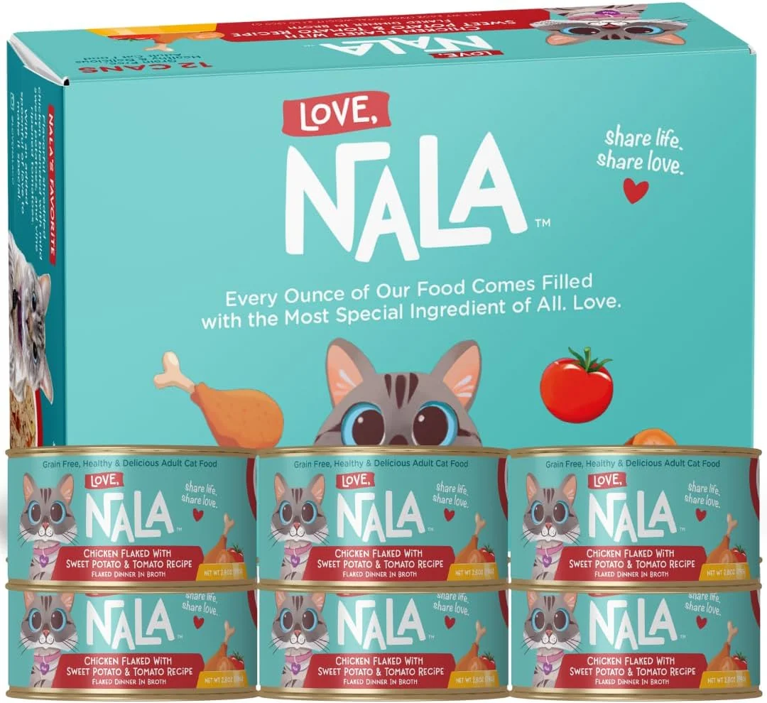 Green LOVE NALA - Natural Adult Cat Wet Food - FLAKED Chicken Sweet Potato Tomato in Broth - Grain Non-GMO Digestive Fiber Vitamins Minerals - 12 Pack 2.4 lbs. World-Class