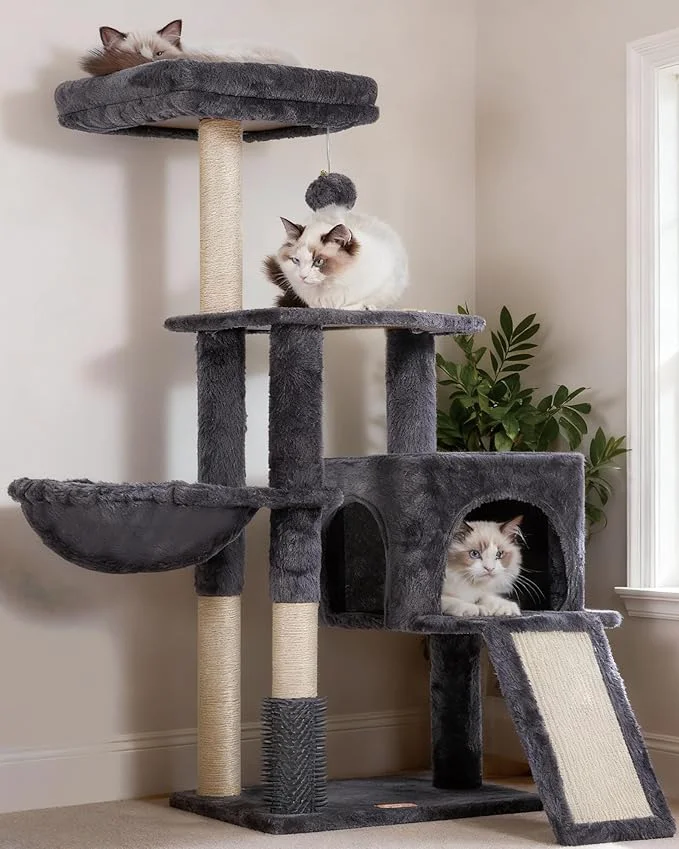 Natural Heybly Cat Tree with Cat Self Groomer Brush Cat Tower Condo for Indoor Cats with Padded Plush Perch Cat House with Basket Scratching Board Post Smoky Gray HCT005SGAbout ThisOverview Convenient