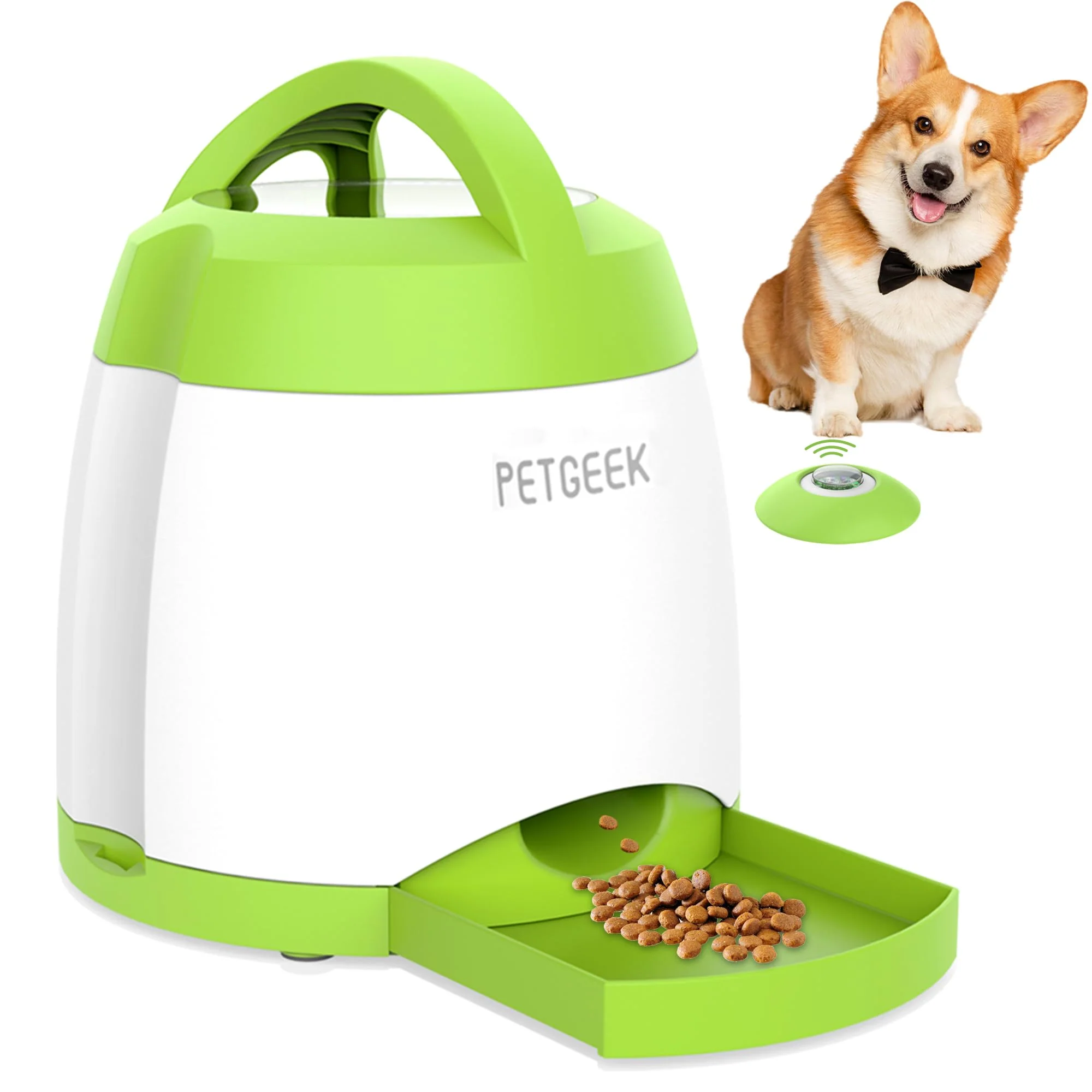 Natural PETGEEK Dog Treat Dispenser with Button — Automatic Feeder Remote Control Dual Power Green Smooth