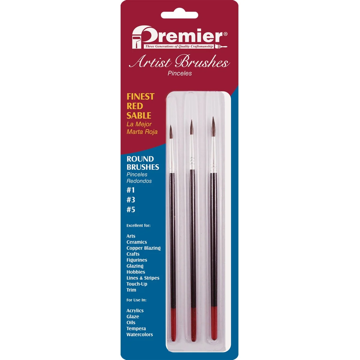 Excellent Premier Assorted Red Sable Round Artist Brushes 3-Pieces Contemporary