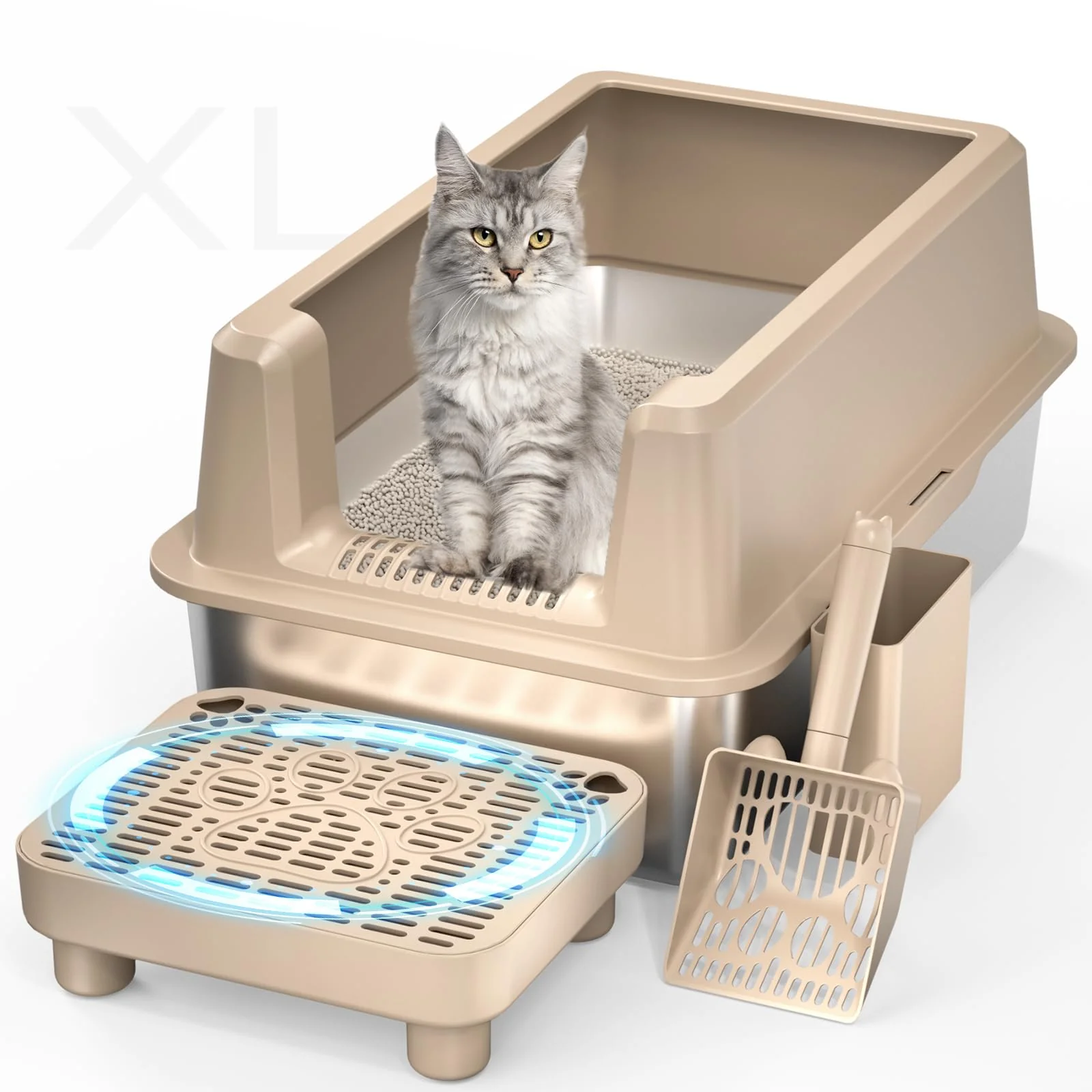 Prestigious Perehome Enclosed Stainless Steel Cat Litter Box – Extra XL High-Sided with Lid Khaki Durable