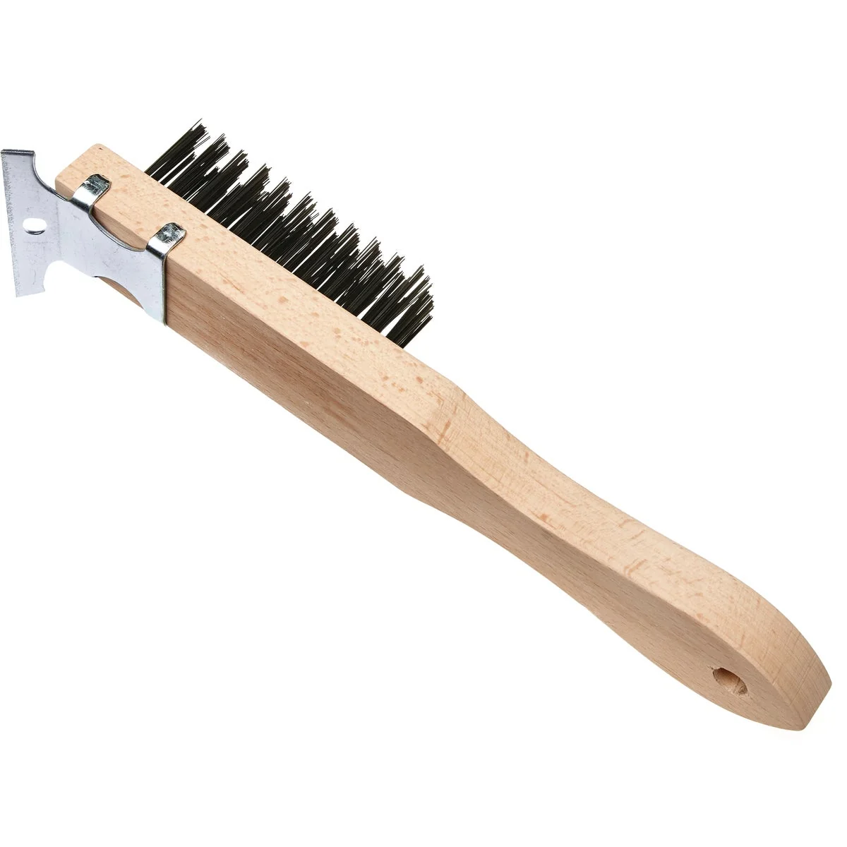 Premium Look Straight Wood Handle Wire Brush with Scraper Detailed