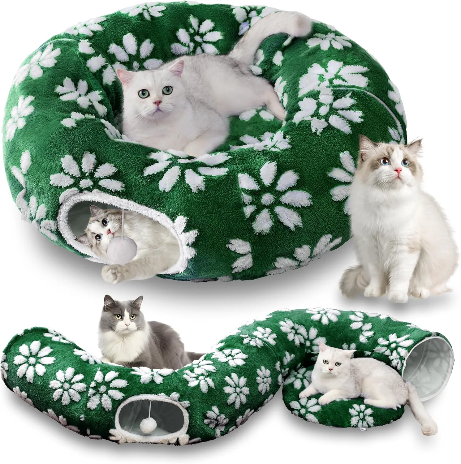 Outstanding Cat Tunnel for Indoor Cats Cute Peekaboo Cat Cave with Dangling Balls Pet Donut Tunnel Bed with Circle Mat for Puppy Kitten Rabbit Green Flower Specialty