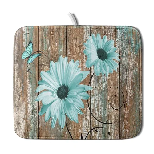 Specialty Rustic Daisy Dish Drying Mat for Kitchen Countertop 16x18 inch Fall Teal Sunflowers on Wooden Board Dish Drainer Mats Fast Drying Country Vintage Shabby Chic Flower Dish Drying Pad Cabin Decor Prestigious