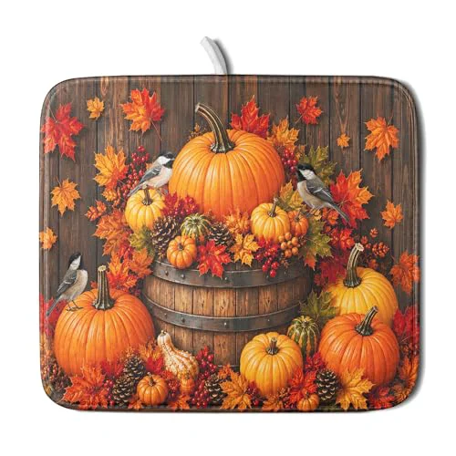 Flexible Autumn Dish Drying Mat for Kitchen Countertop Fall Pumpkin Maple Leaf Birds Dish Drainer Mats 16x18inch Rustic Wood Board Grain Dish Drying Rack Pad Protector for Dining Seasonal Decor Professional