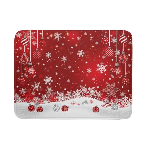Reusable Xmas Balls Dish Drying Mat for Kitchen Countertop Winter Red White Snowflakes Dish Drainer Mats 18x24inch Reversible Dish Drying Rack Pad Protector for Dining Holiday New Year Decor Environmentally Friendly