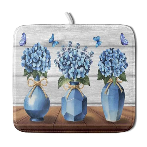 Genuine Blue Hydrangea Dish Drying Mat for Kitchen Vintage Wood Board Floral Butterfly Dish Drainer Mats 16x18inch Rustic Flowers Dish Drying Rack Pad Protector for Countertop Dining Decor Carefully Designed