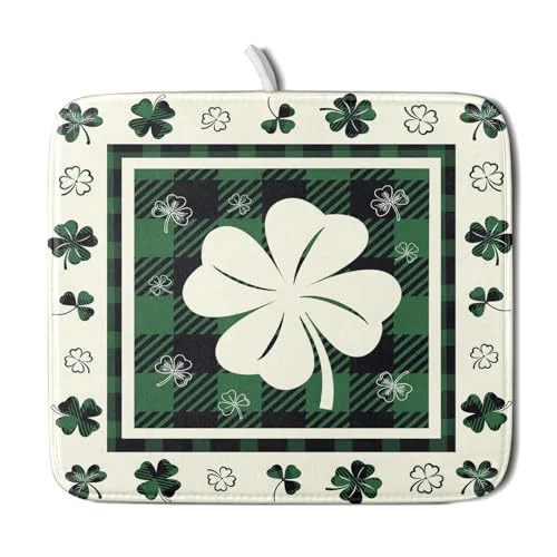 Fine Patrick Clovers Dish Drying Mat 16 x18 Lucky Shamrock Spring Leaf Dish Drainer Mats Green Black Buffalo Plaids Absorbent Microfiber Dish Drying Pad for Kitchen Countertop Small Decor Organic