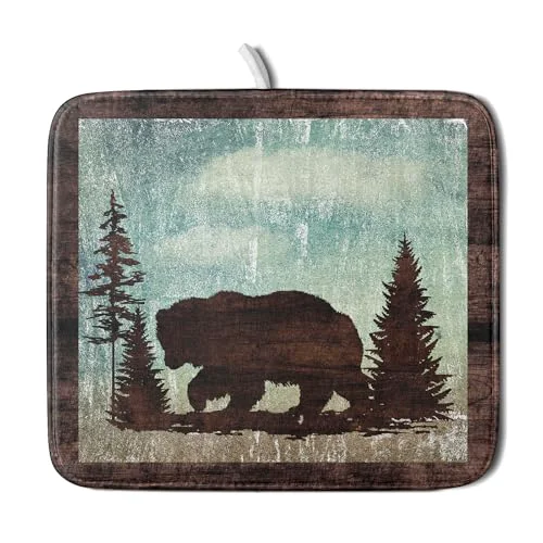 Prestigious Retro Brown Bear Forest Cabin Dish Drying Mat Countertop 16x18 Fall Blue Sky Cloud Cartoon Wild Animal Bushes Drainer Mat Pine Tree Grass Dishes Pad Rustic Floral Dish Drainer Rack Efficient