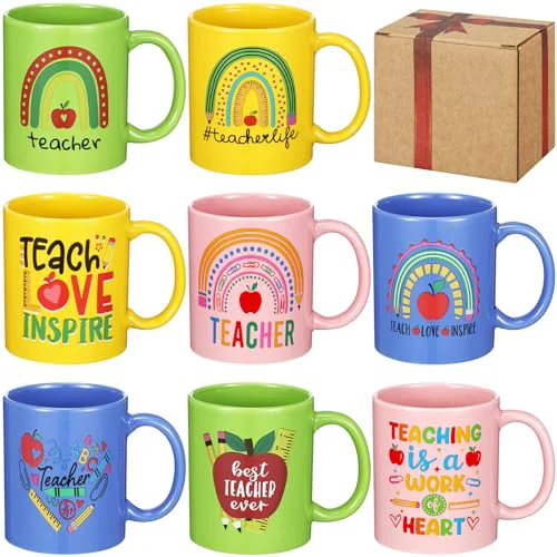 Selected 8 Pcs 12 oz Teacher Coffee Mugs Gifts Set with Handle Ceramic Matching Cups for Staff Home School Office Table Centerpieces Housewarming Holiday Party 8 Count Quality