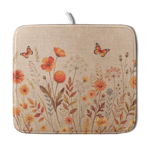 Fine Rustic Fall Flowers Dish Drying Mat Retro Autumn Orange Floral Butterfly Dish Drainer Mats 16 x18 Microfiber Reversible Dish Drying Rack Pad Protector for Kitchen Countertop Decor Powerful