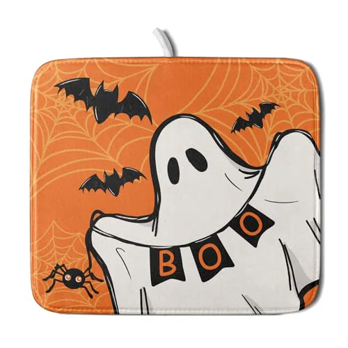 Selected Orange Halloween Dish Drying Mat Spooky Boo Ghost Black Bats Dish Drainer Mats 16 x18 Spider Web Microfiber Reversible Dish Drying Rack Pad Protector for Kitchen Countertop Small Decor Fine Crafted