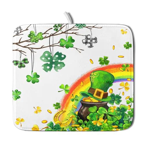 Expertly Made St Patrick Dish Drying Mat Small Lucky Clover Tree Shamrock Dish Drainer Mats 16x18inch Spring Elf Hat Rainbow Colorful Fast Drying Absorbent Dish Drying Pad for Kitchen Counter Decor Casual