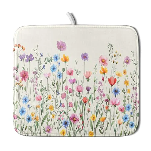 Minimalist Spring Floral Dish Drying Mat 16 x18 Watercolor Summer Wildflower Dish Drainer Mats Herb Flower Reversible Absorbent Dish Drying Pad Decor for Kitchen Countertop Dining Room Premium Material