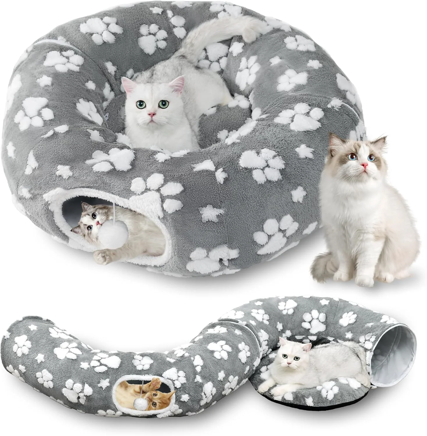 Secure Cat Tunnel for Indoor Cats Cute Peekaboo Cave with Dangling Balls Pet Donut Tunnel Bed with Circle Mat for Puppy Kitten Rabbit Grey Reusable