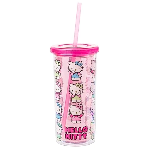 Optimized Sanrio Hello Kitty Expressions Poses Plastic Cold Cup with Lid and Straw Green