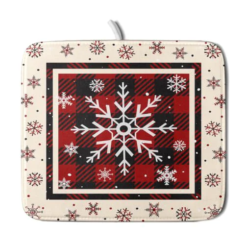 Elite 16 x18 Christmas Snowflakes Dish Drying Mat Xmas Red Black Buffalo Plaids Winter Snow Dish Drainer Mats Microfiber Reversible Dish Drying Rack Pad for Kitchen Countertop Tabletop Decor Long-Lasting
