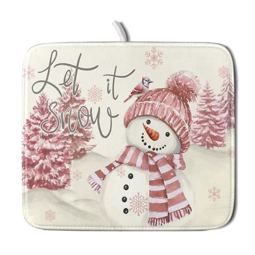 Powerful Pink Snowman Dish Drying Mat Xmas Trees Bird Winter Snowy Scene Dish Drainer Mats 16 x18 Microfiber Reversible Dish Drying Rack Pad Protector for Kitchen Countertop Decor Smooth