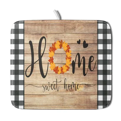 Prestigious Home Sweet Home Dish Drying Mat 16x18 Inch Fall Autumn Maple Leaf Wreath Dish Drainer Mats Rustic Brown Wood Board Microfiber Dish Drying Rack Pad for Kitchen Countertop Farmhouse Decor Exceptional