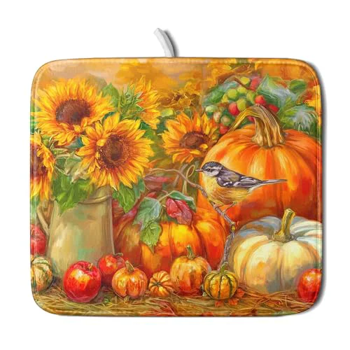 Specialty Vintage Fall Autumn Dish Drying Mat 16 x18 Small Rustic Pumpkin Sunflower Bird Dish Drainer Mats Thanksgiving Farmhouse Reversible Dish Drying Pad for Kitchen Countertop Dining Room Safe