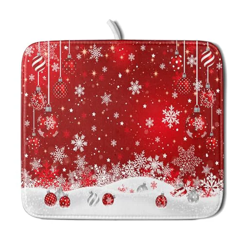 Relaxed Xmas Balls Dish Drying Mat for Kitchen Countertop Winter Red White Snowflakes Dish Drainer Mats 16x18inch Reversible Dish Drying Rack Pad Protector for Dining Holiday New Year Decor Casual