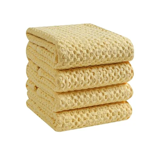 Prestigious 4 Pack Premium Waffle Kitchen Towels with Hanging Loop 16x26 inches Clean