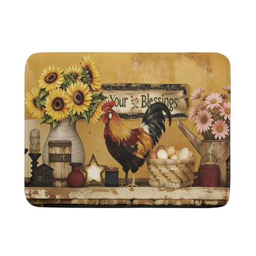 Prestigious Farmhouse Rooster Dish Drying Mat Vintage Chicken Sunflowers Dish Drainer Mats 18 x24 Rustic Primitive Microfiber Reversible Dish Drying Rack Pad Protector for Kitchen Countertop Decor Quality