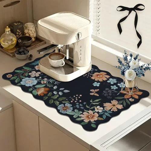 Minimalist Scalloped Bohemian Coffee Bar Mat Dish Drying Mats for Kitchen Counter Reusable