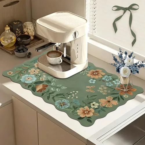 Luxury Scalloped Bohemian Boho Floral Flower Coffee Bar Mat Dish Drying Mats for Kitchen Counter Trusted