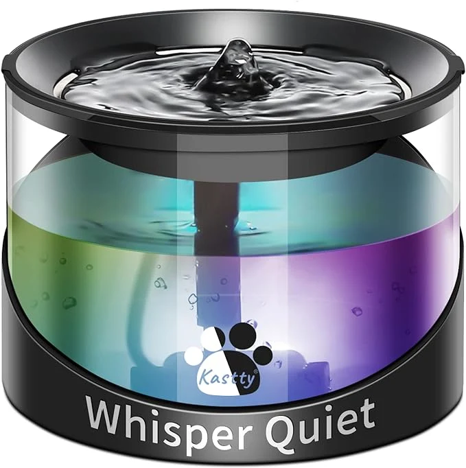 Recyclable Kastty Cat Water Fountain Pet Water Fountain for Cats Indoor Cat Water Dispenser 2.2L 74oz Super Quiet Long Life Span Pump Black Colorful LED LightAbout ThisOverview Powerful