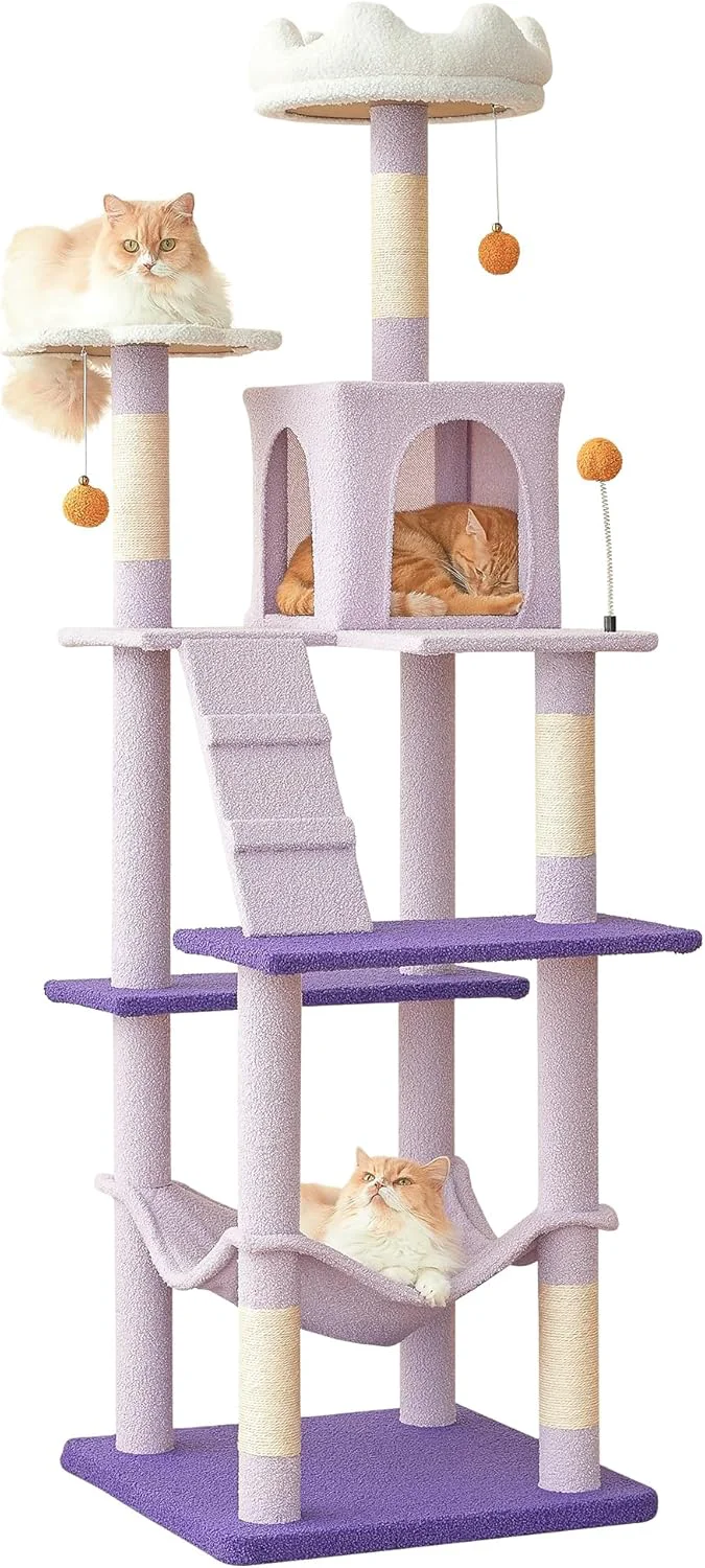 Efficient MWPO Flower Large Cat Tree 70.1-Inch Multi-Level Tall Cat Tower for Indoor Cats Plush Cat Condo with Big Padded Perches Sisal-Covered Scratching Posts Hammock Toys for Kittens Cats Solid