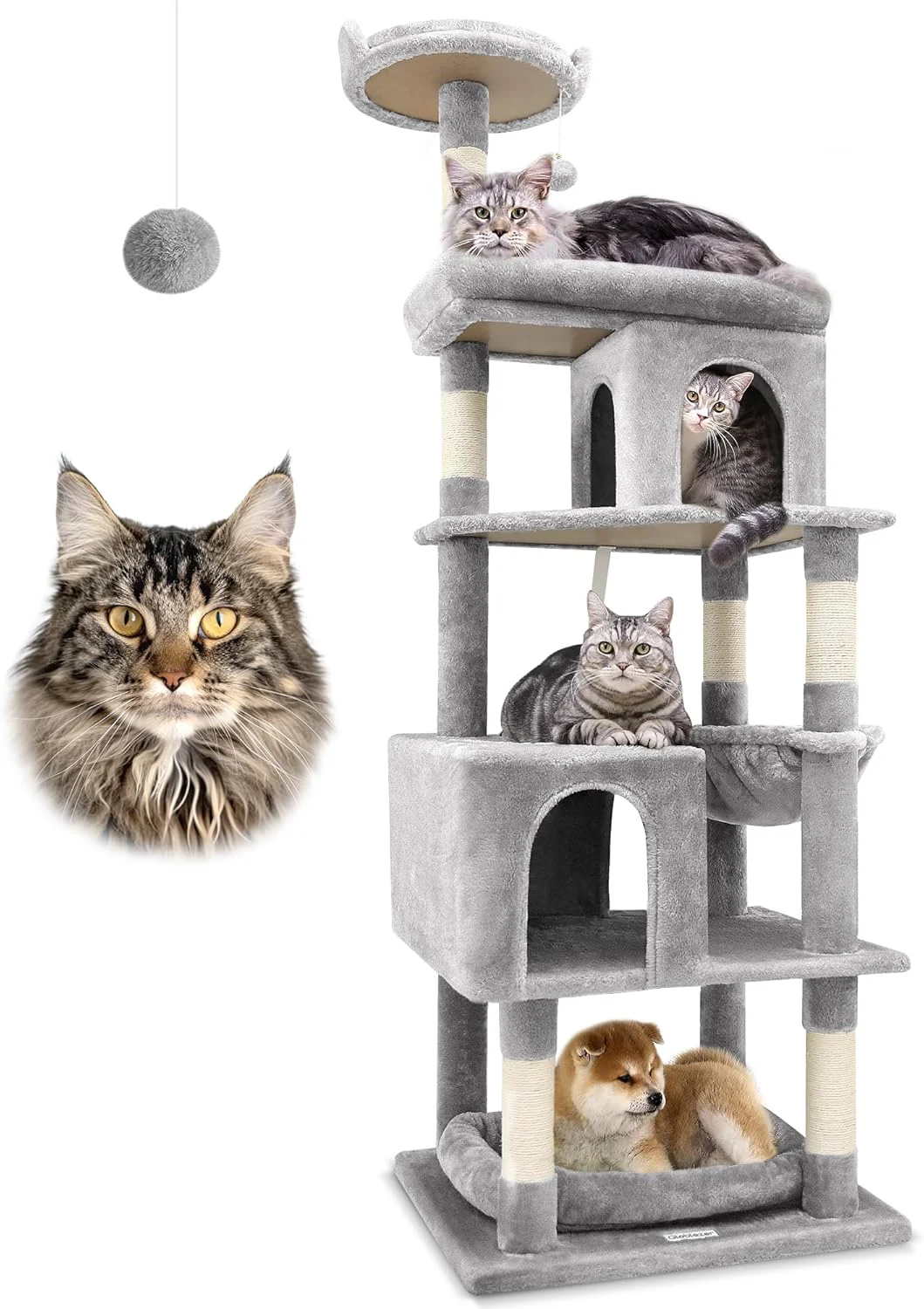 Environmentally Friendly Globlazer Heavy Duty Cat Trees for Large Cats Sturdy 72in Maine Coon Cat Tree for Large Cats 20 lbs Heavy Duty Cat Tower for Adult Biggest Cat with 6 Scratching Posts Hammock S72 Light Grey Expertly Made