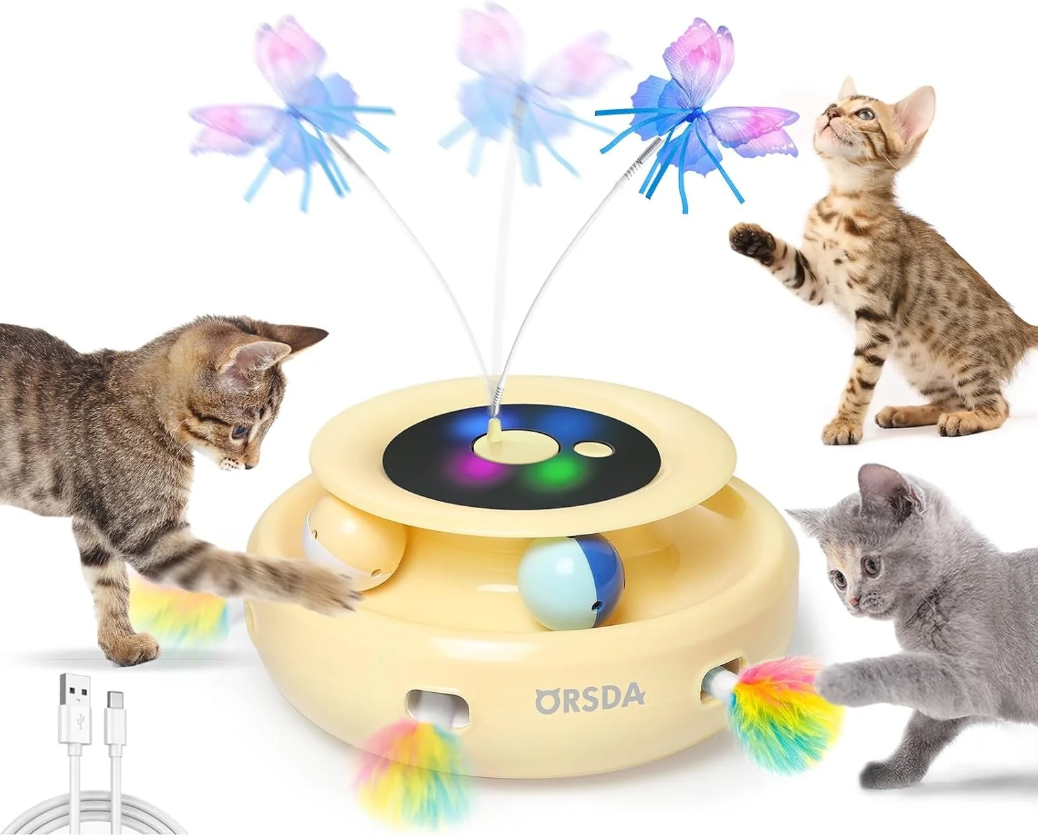 Practical ORSDA Cat Toy 3-in-1 Automatic Interactive Electronic Moving Ambush Feather Fluttering Butterfly Track Balls USB Rechargeable Powered Smart Indoor Exercise Kicker Sustainable