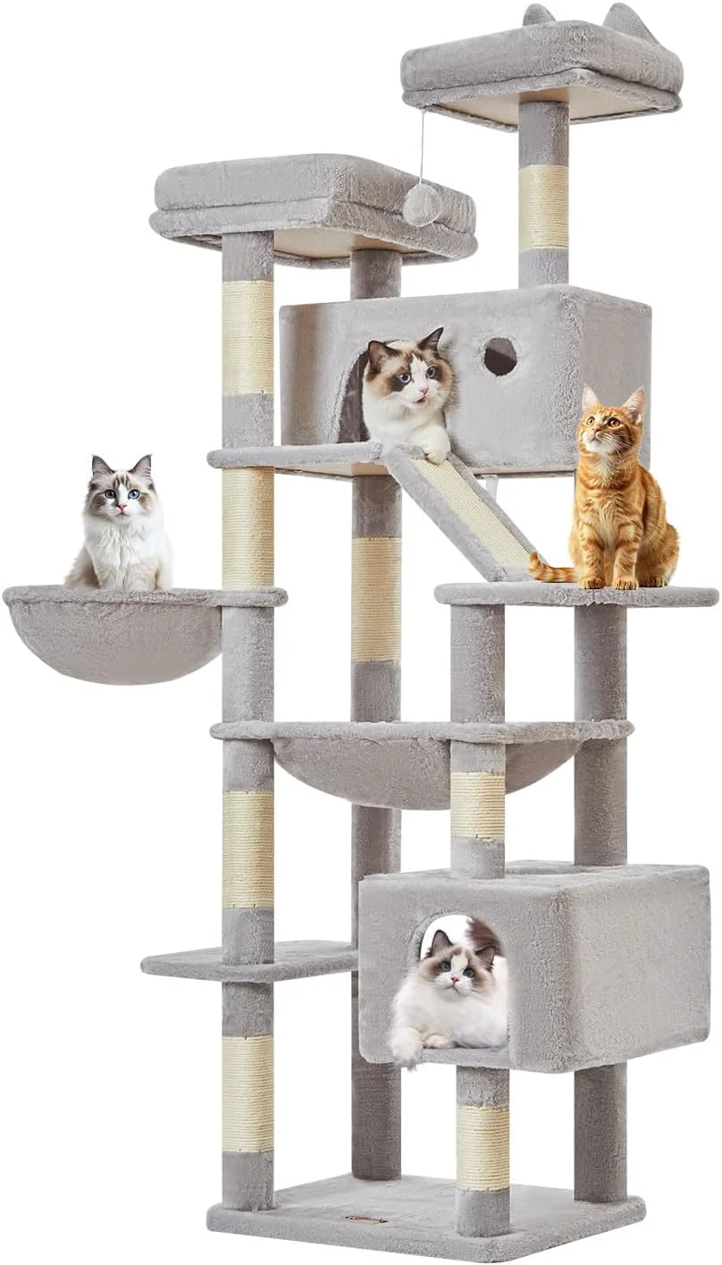 Fine Crafted Taoqimiao Cat Tree 71-Inch Cat Tower for Indoor Cats Large Adult Multi-Level Large Cat Condo 8 Sisal Scratching Posts Metal Frame Cozy Hammock Scratch Board 2 Top Perches Light Gray MS026LW Dependable
