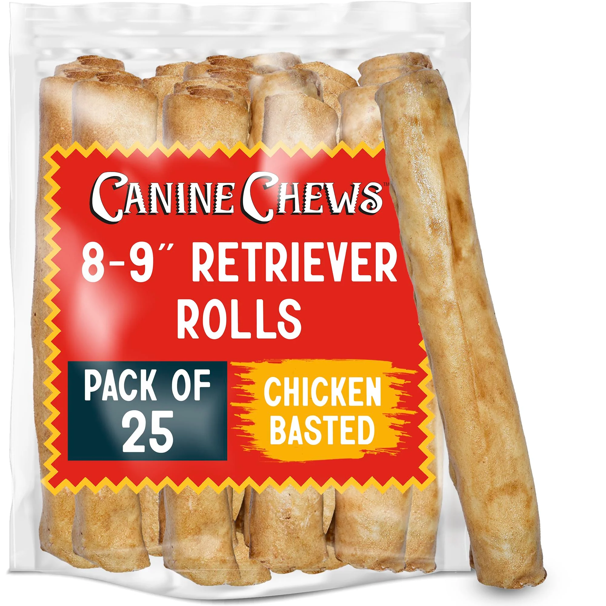 Professional Canine Chews 8-9 Chicken Basted Retriever Rolls - 25 Pack USA-Sourced Dog Chews Recyclable