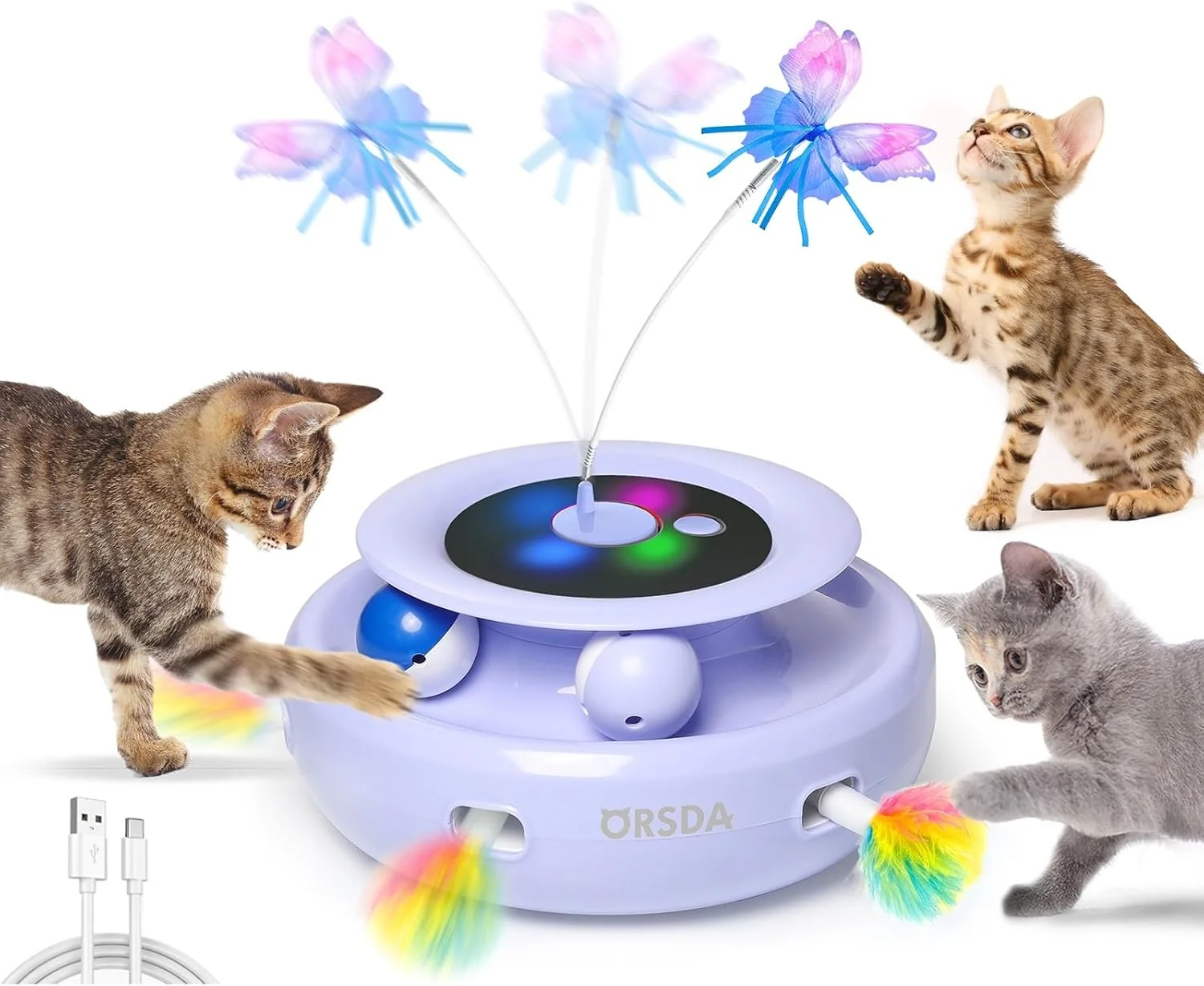 Flexible ORSDA Cat Toy 3-in-1 Automatic Interactive Electronic Moving Ambush Feather Fluttering Butterfly Track Balls USB Rechargeable Powered Smart Indoor Exercise Kicker Exclusive