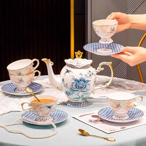 Contemporary Blue Floral Porcelain Tea Set with 6 Cups and Saucers Outstanding