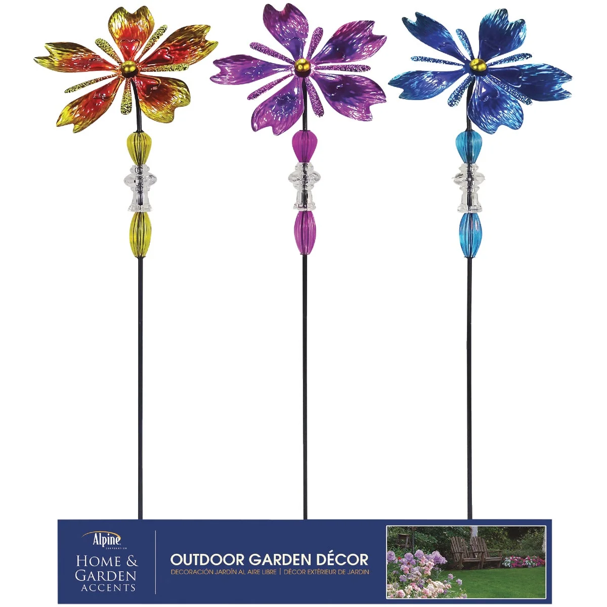 Top-Quality Alpine 37 In. H. Colorful Glass Flower Gem Wind Spinner Stake Excellent