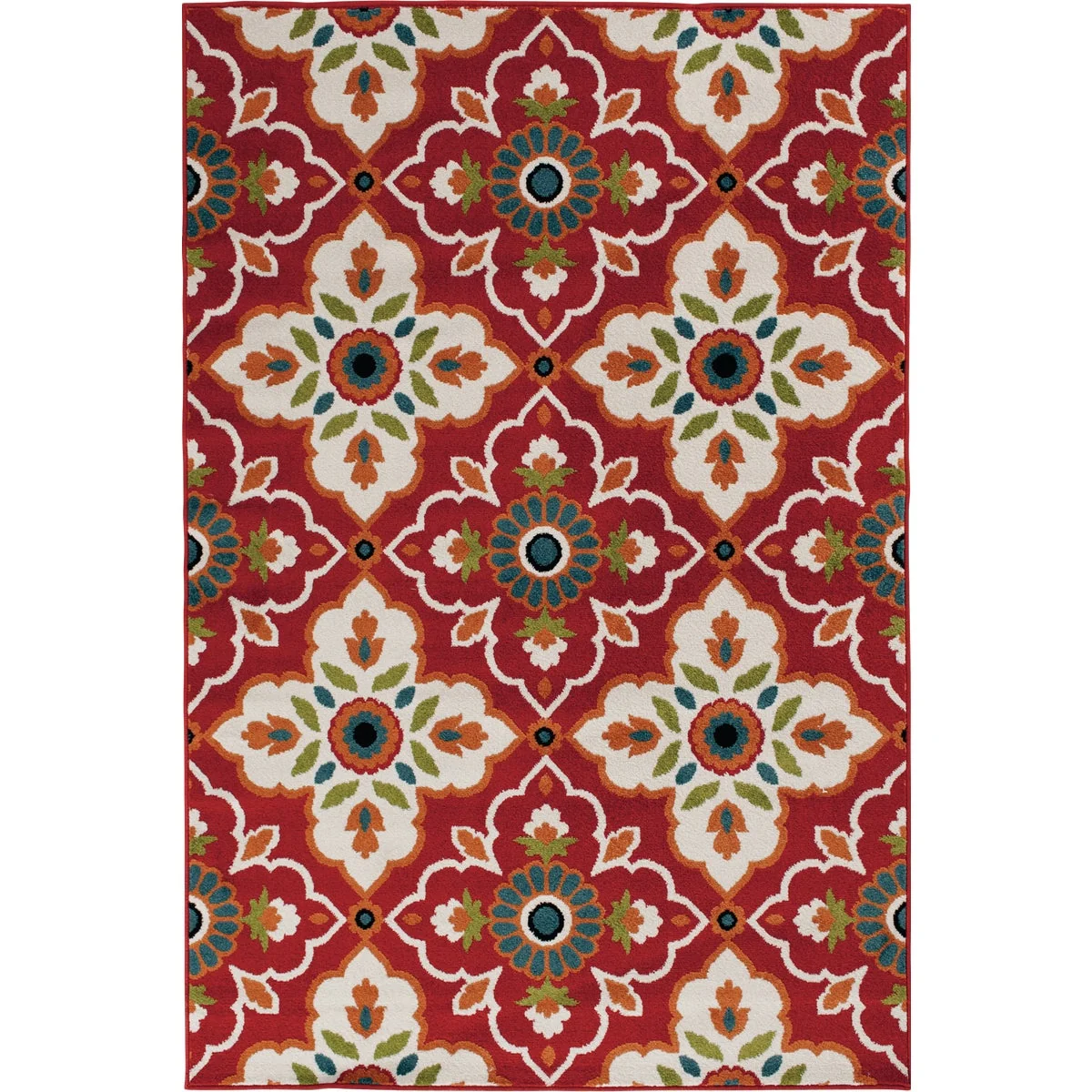 Outstanding Backyard Bungalow 6 Ft. 6 In. x 9 Ft. 6 In. Scarlata Red Ground Medallion Plush Outdoor Rug Traditional