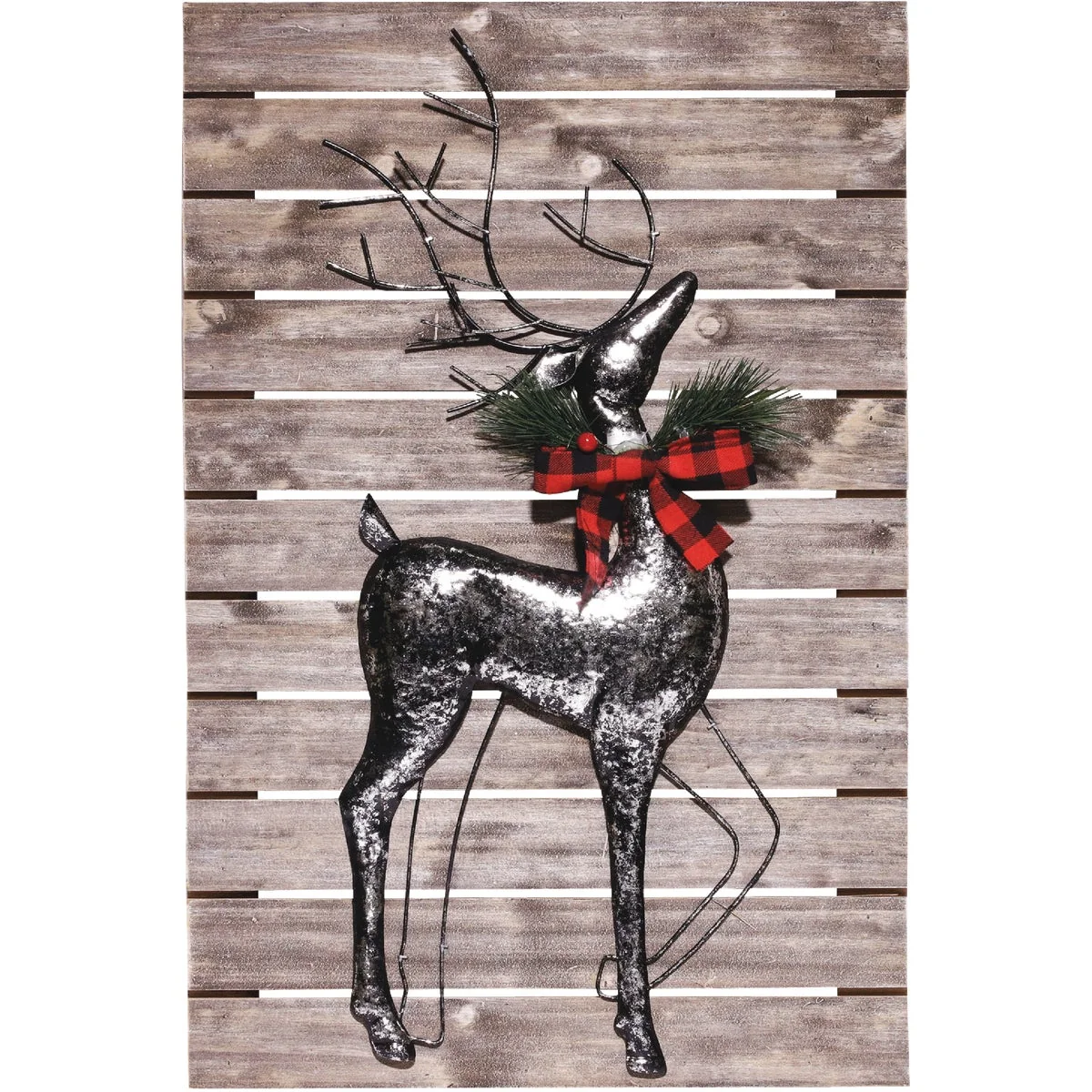 Premium Material Alpine 2 In. W. x 24 In. H. x 15 In. L. Silver Metal Reindeer on Rustic Wood Wall Decoration Effective