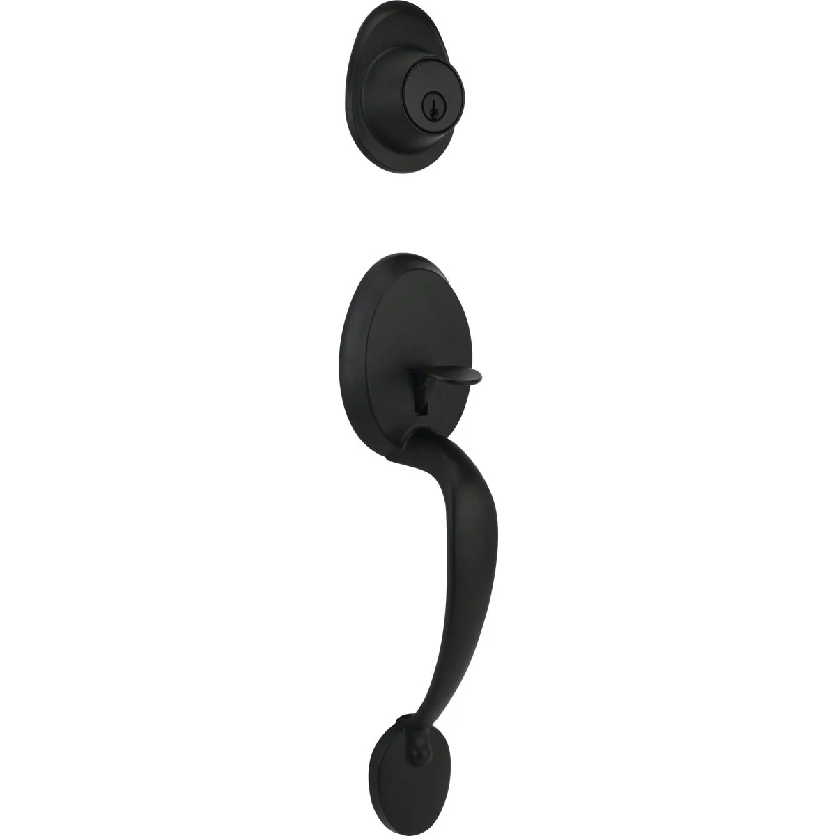 Convenient Steel Pro Matte Black Entry Door Handleset with Half Round Interior Knob Advanced