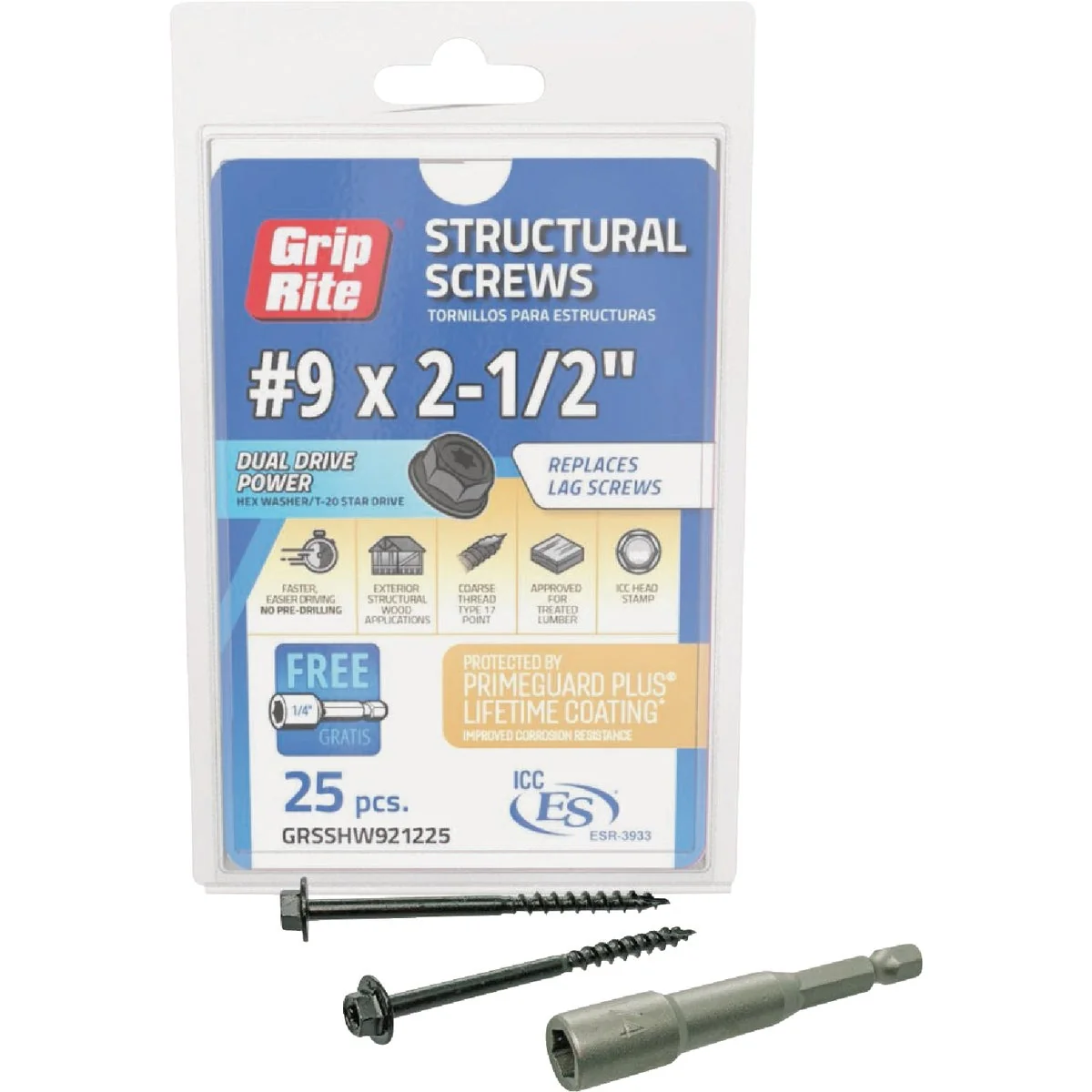 Exceptional Grip-Rite PrimeGuard Plus 9 x 2.5 In. Hex Washer Head Structural Screw 25-Count Top-Quality